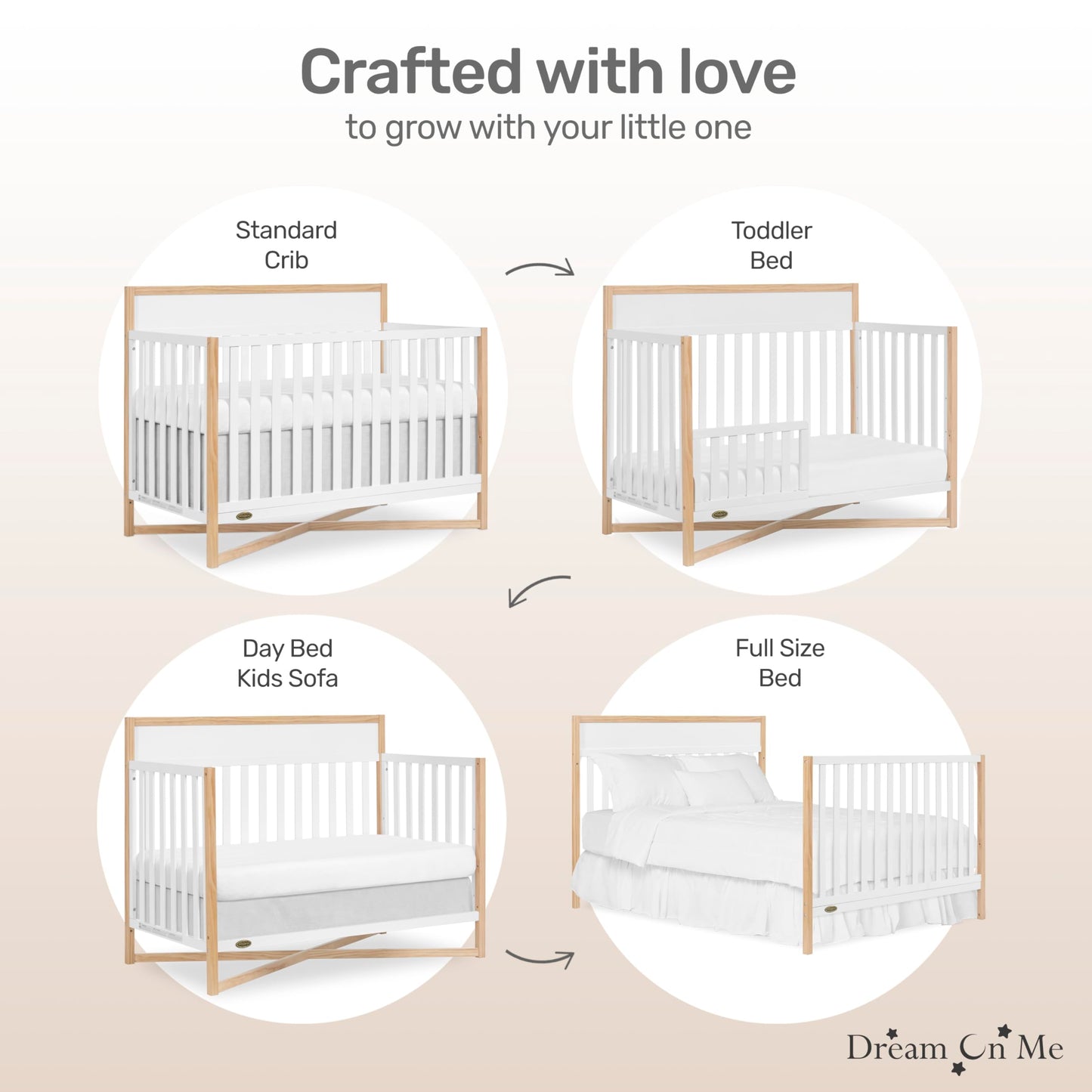 Dream On Me Owen 5-in-1 Convertible Crib in White Oak, Greenguard Gold & JPMA Certified Baby Crib, Converts from Crib to Toddler Bed, Day Bed, Kids Sofa & Full Size Bed