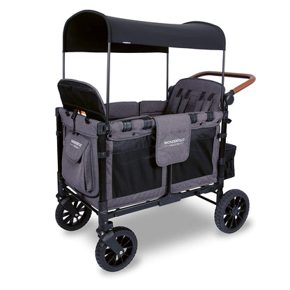WONDERFOLD W4 Luxe Quad Stroller Wagon Featuring 4 High Face-to-Face Seats with Magnetic Buckle 5-Point Harnesses and Adjustable/Removable UV-Protection Canopy, Hunter Green