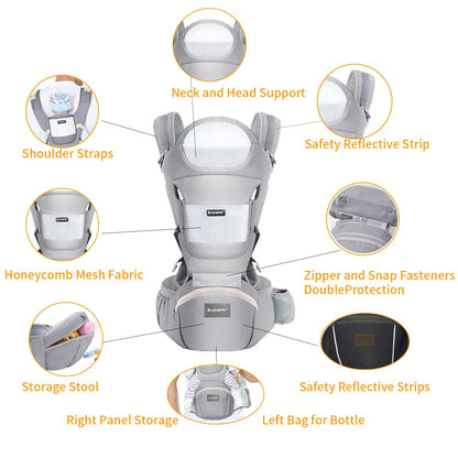 KIYUMI Baby Carrier with Hip Seat, 6- in-1 Baby Carrier Newborn to Toddler, Ergonomic M Position with Head Support and Breathable Mesh,Adjustable Removable Baby Sling Carrier (7-45 lbs) BXLU