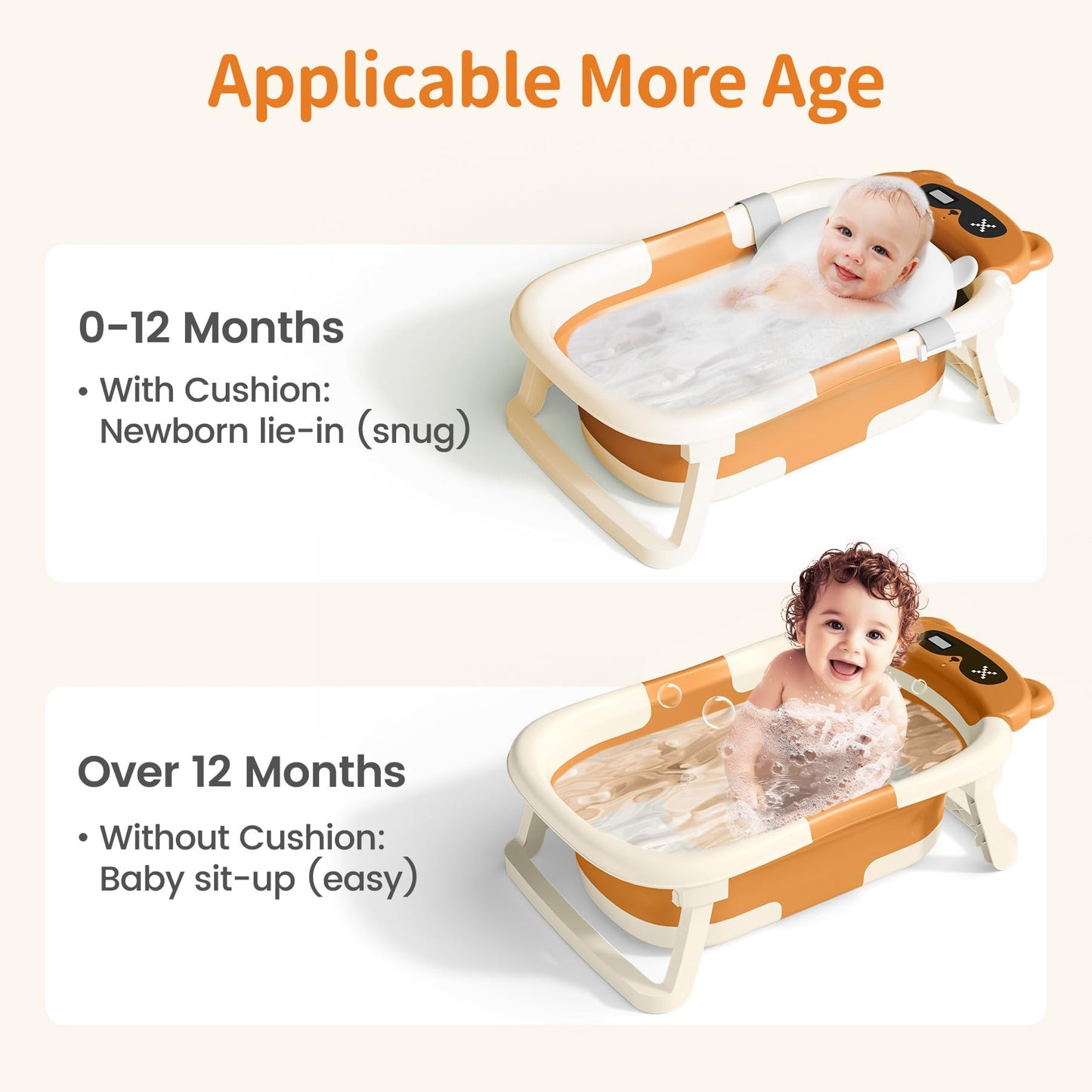 Collapsible Baby Bathtub for Newborn to Toddler (0-18 M) - Portable Baby Tub with Thermometer, Newborn Bathtub with Soft Towel and Floating Cushion (Brown)