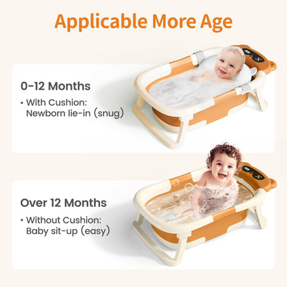 Collapsible Baby Bathtub for Newborn to Toddler (0-18 M) - Portable Baby Tub with Thermometer, Newborn Bathtub with Soft Towel and Floating Cushion (Brown)