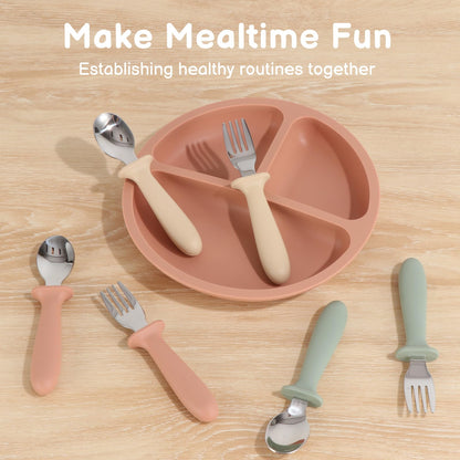 Toddler Utensils, 6 Pack kids Silverware Set with Silicone Handle, 18/8 Stainless Steel Children Safe Forks and Spoons, Dishwasher Safe