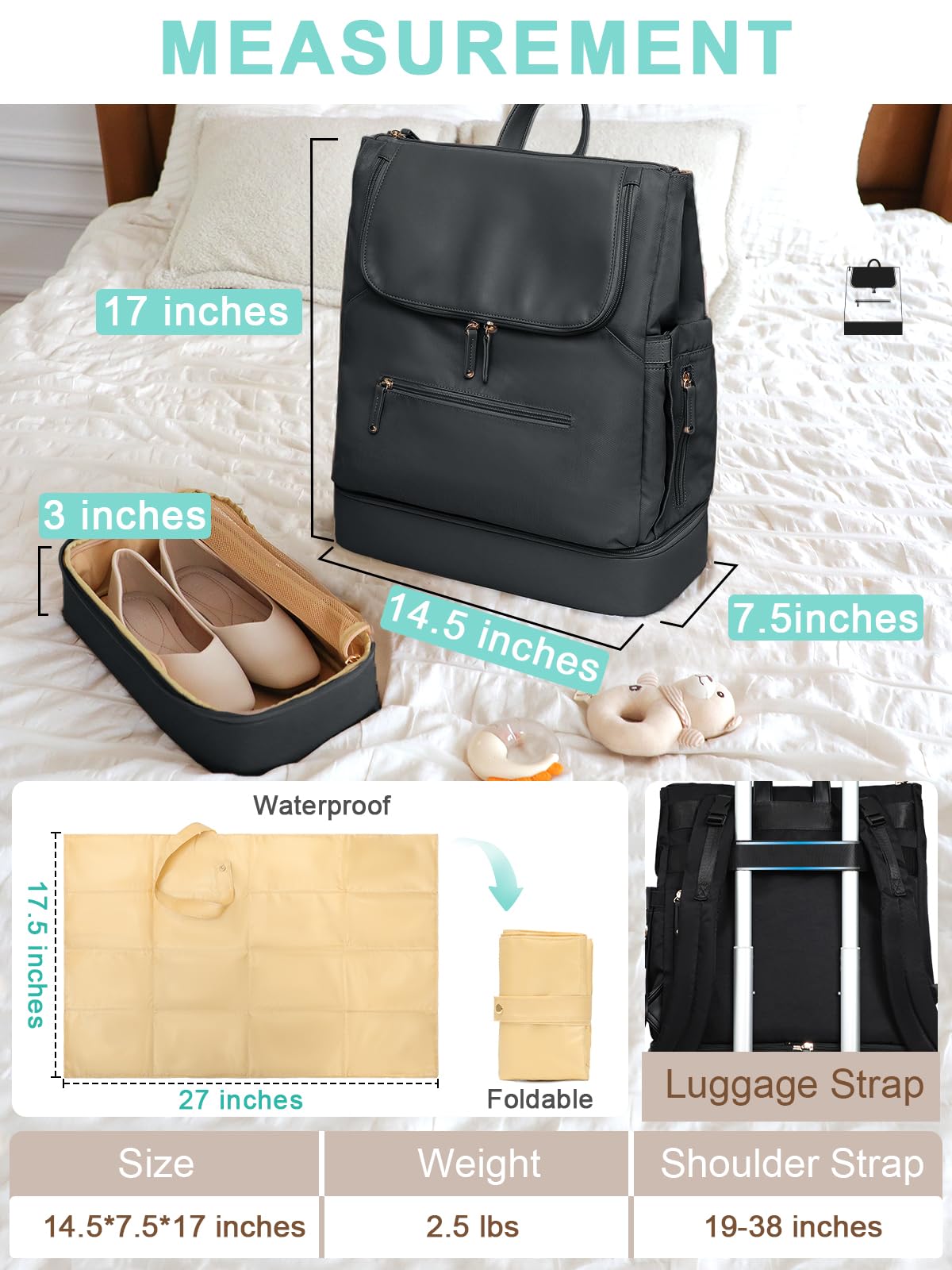 MOMINSIDE Diaper Bag Backpack - Large Baby Diaper Bag with 14 Pocket, Leather & Nylon Travel Diaper Backpack for Mom, Breast Pump Bag, Removable Cooler Compartment, Double Layer, Black