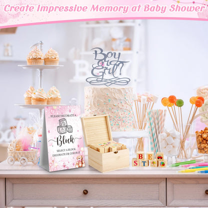 Marsui 136 Pcs Baby Shower Blocks to Decorate Game Kit Includes 98 Wooden Blocks, 36 Markers, 1 Game Sign, 1 Storage Box for Baby Shower Gender Reveal Activity Party Decorations(Pink Elephant)