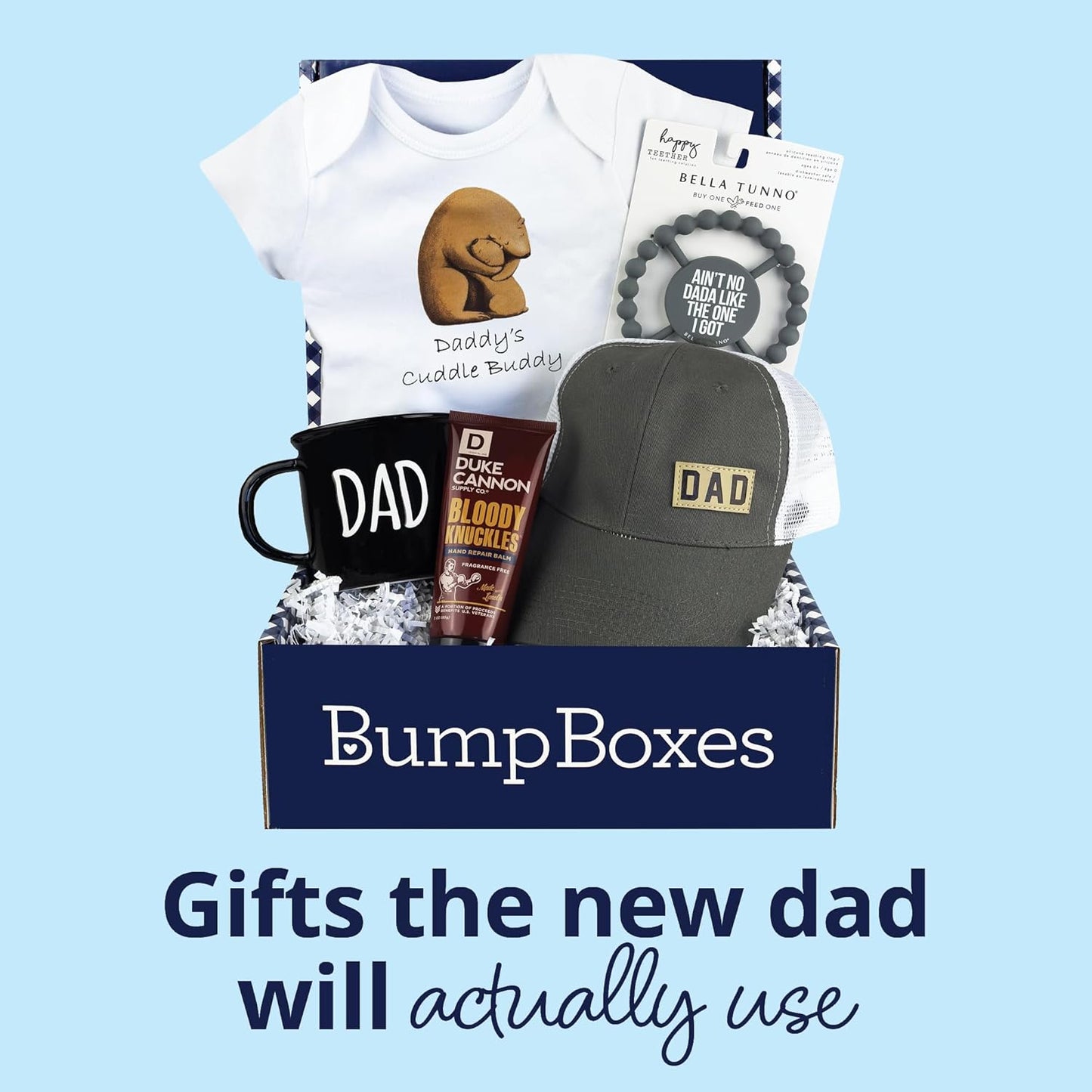 Bump Boxes, First Time Father’s Day Box with Mug, Hat, Teether, Onesie and Balm, Unique Kit for Expecting Fathers, New Dad Gifts for Men