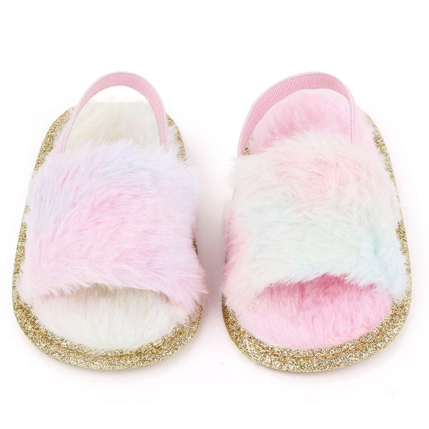 2 Pack Infant Baby Girls Sandals Elastic Back Strap Flats Slippers Soft Toddles Princess Shoes Faux Fur Slides Shoes First Walker House Shoes