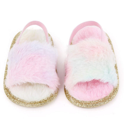 2 Pack Infant Baby Girls Sandals Elastic Back Strap Flats Slippers Soft Toddles Princess Shoes Faux Fur Slides Shoes First Walker House Shoes