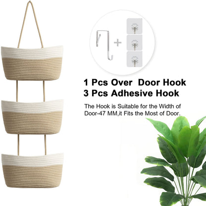 TeoKJ Over the Door Hanging Basket, 3-Tier Woven Cotton Wall-Mounted Storage Organizer Bag Decorative Hanging Nursery Baskets - Jute