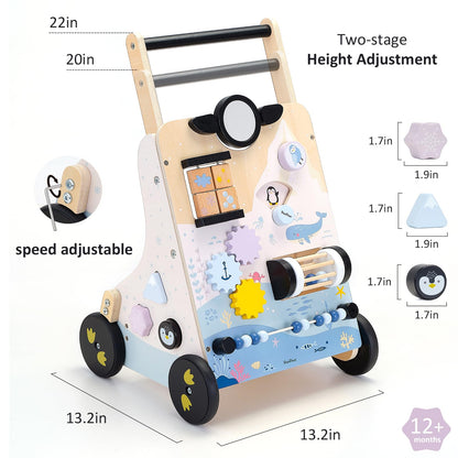 PairPear Wooden Baby Walker, Baby Push Walker, Montessori Walker Toy with Activity Center for Girls Boys, Adjustable Speed Baby Walker for Kids Development