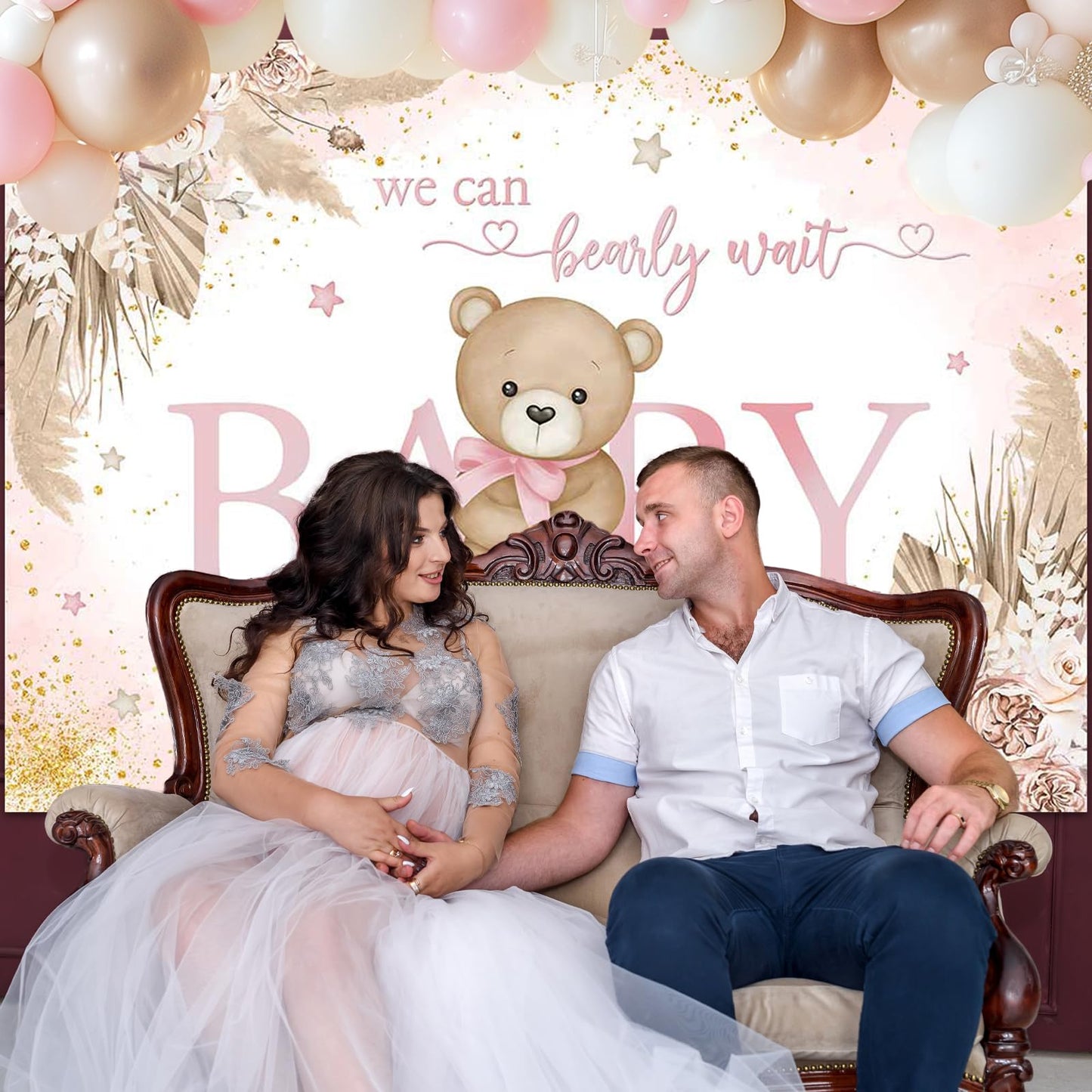 Mocsicka Girl Bear Backdrop Pink Boho Pampas Grass Background We Can Bearly Wait Baby Shower Party Cake Table Decoration Photo Booth Props (7x5ft)