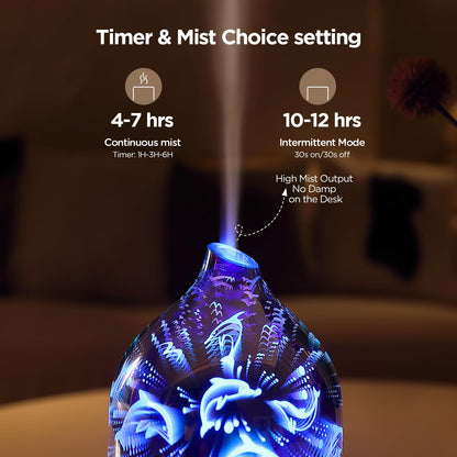 Essential Oil Diffuser Hand Blown Glass Aromatherapy Diffuser - Ultrasonic Cool Mist Scent Aroma Diffuser, Whisper Quiet with Auto Shut-Off, Timer Setting &7 Colors Night Light for Home