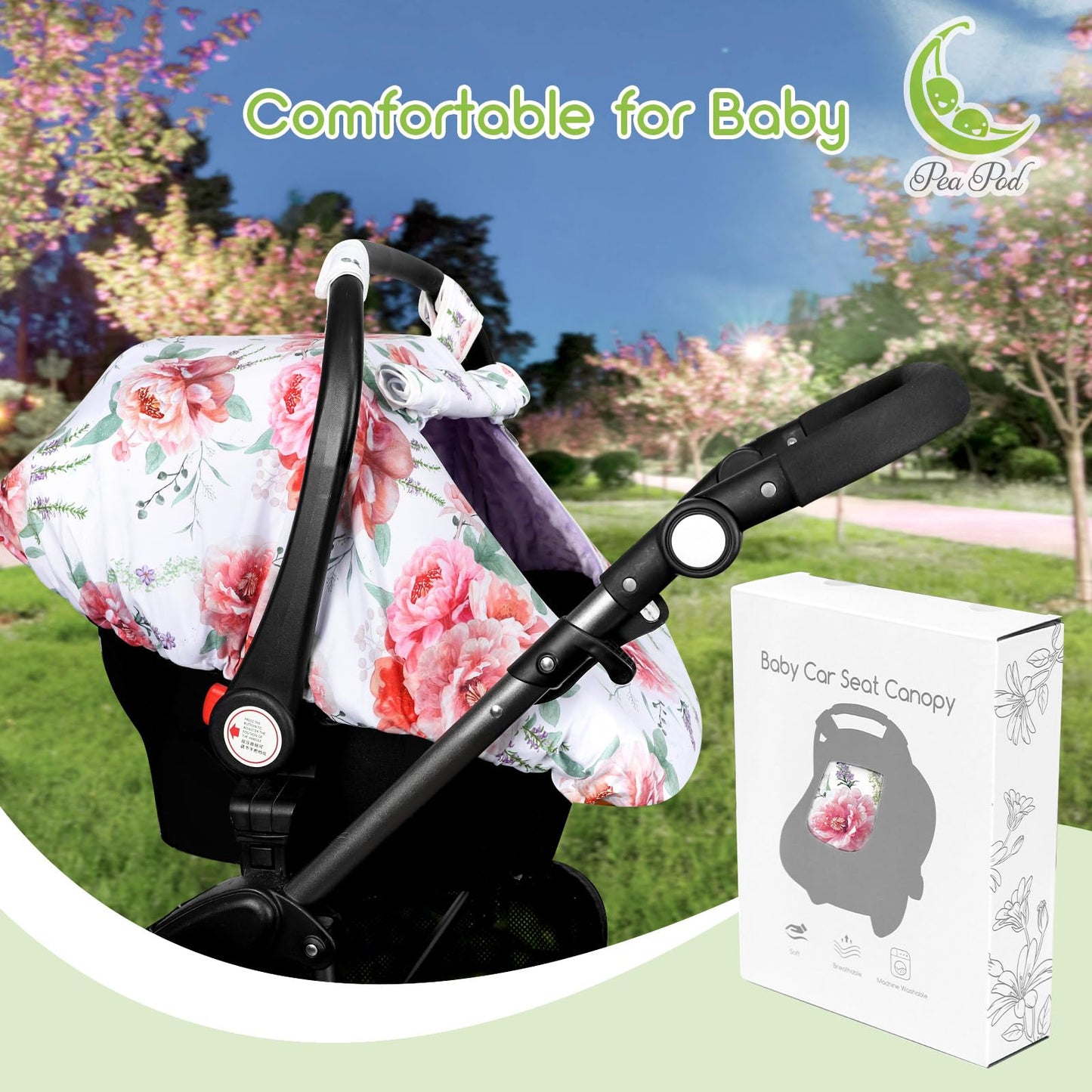 Pea Pod Car Seat Cover Baby, Infant Car Seat Canopy Covers for Newborn with 2 Layers Windows of Breathable Mesh Fabric, Lightweight Polyester/Soft Minky Dot Backing (Floral & Rainbow)