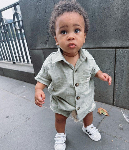 Baby Boys Clothes Set Toddler Infant Boys Button-down Shirt Tops + Cotton Gauze Shorts Summer Outfit 2PCS with Pockets