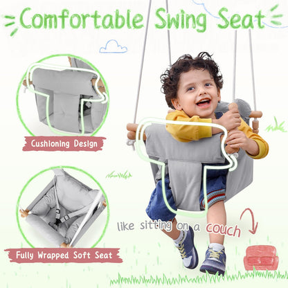 Baby Swing Indoor Outdoor,Secure Canvas Wooden Toddler Swing Seat, 3-Point Adjustable Safety Harness,Mounting Hardware Included,Gift for Boys and Girls,White
