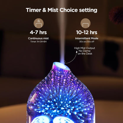 Essential Oil Diffuser Hand Blown Glass Aromatherapy Diffuser - Ultrasonic Cool Mist Scent Aroma Diffuser, Whisper Quiet with Auto Shut-Off, Timer Setting &7 Colors Night Light for Home