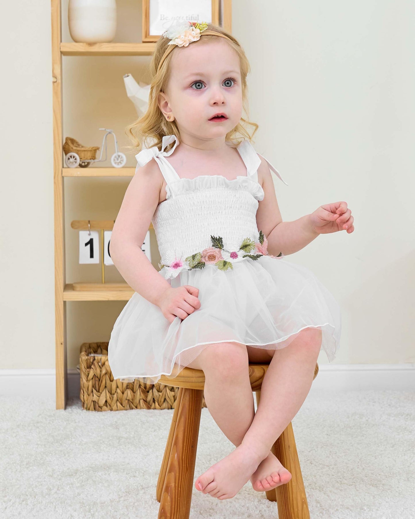 Renotemy Baby Girl Tulle Dress Sleeveless Romper Smocked Halter 1st Birthday Clothes Cake Smash Outfits with Flower Headband