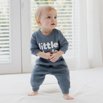 Douhoow Baby Boy Clothes Letters Embroidered Baby Sweatshirt Romper Waffle Pants Set Infant Boy Fall Winter Outfits