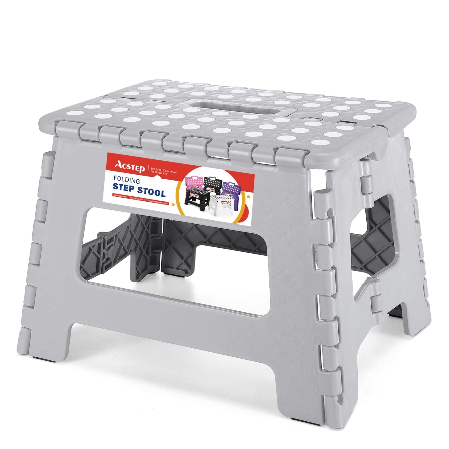 ACSTEP Folding Step Stool 9'' Tall Kids Step Stool Holds Up to 300 lb Plastic Foldable Step Stools for Kids Non-Slip Surface with Carry Handle Collapsible Stool for Home, Outdoor and Indoor(Black)