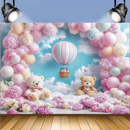 Pink Bear Hot Air Balloon Backdrop Girl Bear Balloons Baby Shower Background Girl 1st Birthday Party Banner Newborn Baby Shower Party Cake Table Decoration Photo Booth Props(Pink, 7x5ft)