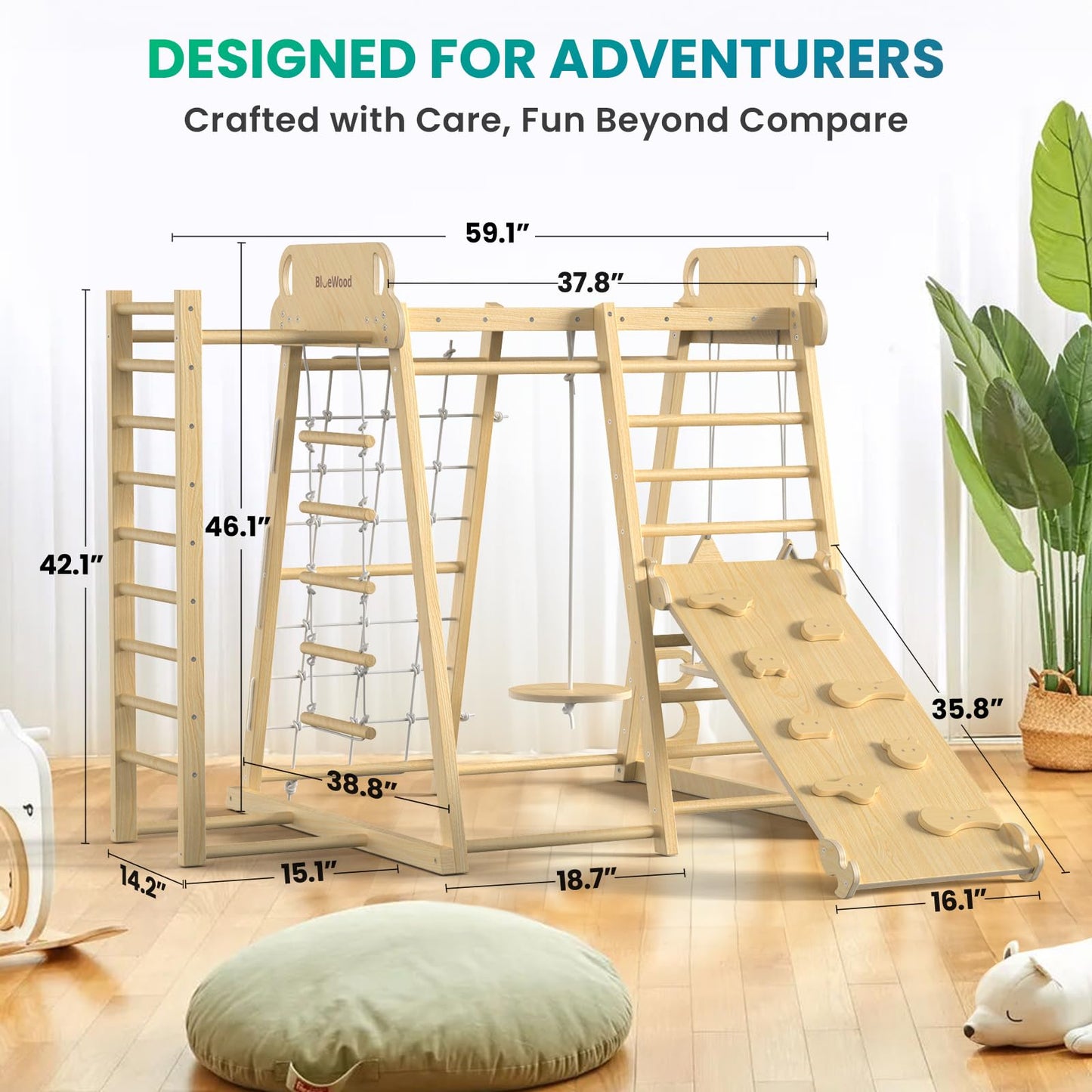 Upgraded Indoor Playground 9-in-1 Jungle Gym Kids Climbing Toys, Montessori Philosophy Waldorf Style Wooden Climber Playset with Slide, Swing, Monkey Bars, Upright/Rope Ladder, Climb Net, Rainbow