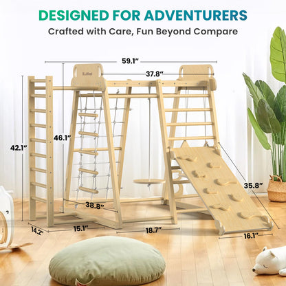Upgraded Indoor Playground 9-in-1 Jungle Gym Kids Climbing Toys, Montessori Philosophy Waldorf Style Wooden Climber Playset with Slide, Swing, Monkey Bars, Upright/Rope Ladder, Climb Net, Rainbow