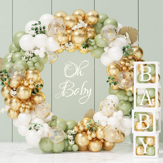 Baby in Bloom Baby Shower Decorations - 116pcs Pink and Sage Green Balloon Arch Kit, BABY in Bloom Backdrop and Baby Boxes with Letters for Pink Floral Baby Shower Decorations for Girl