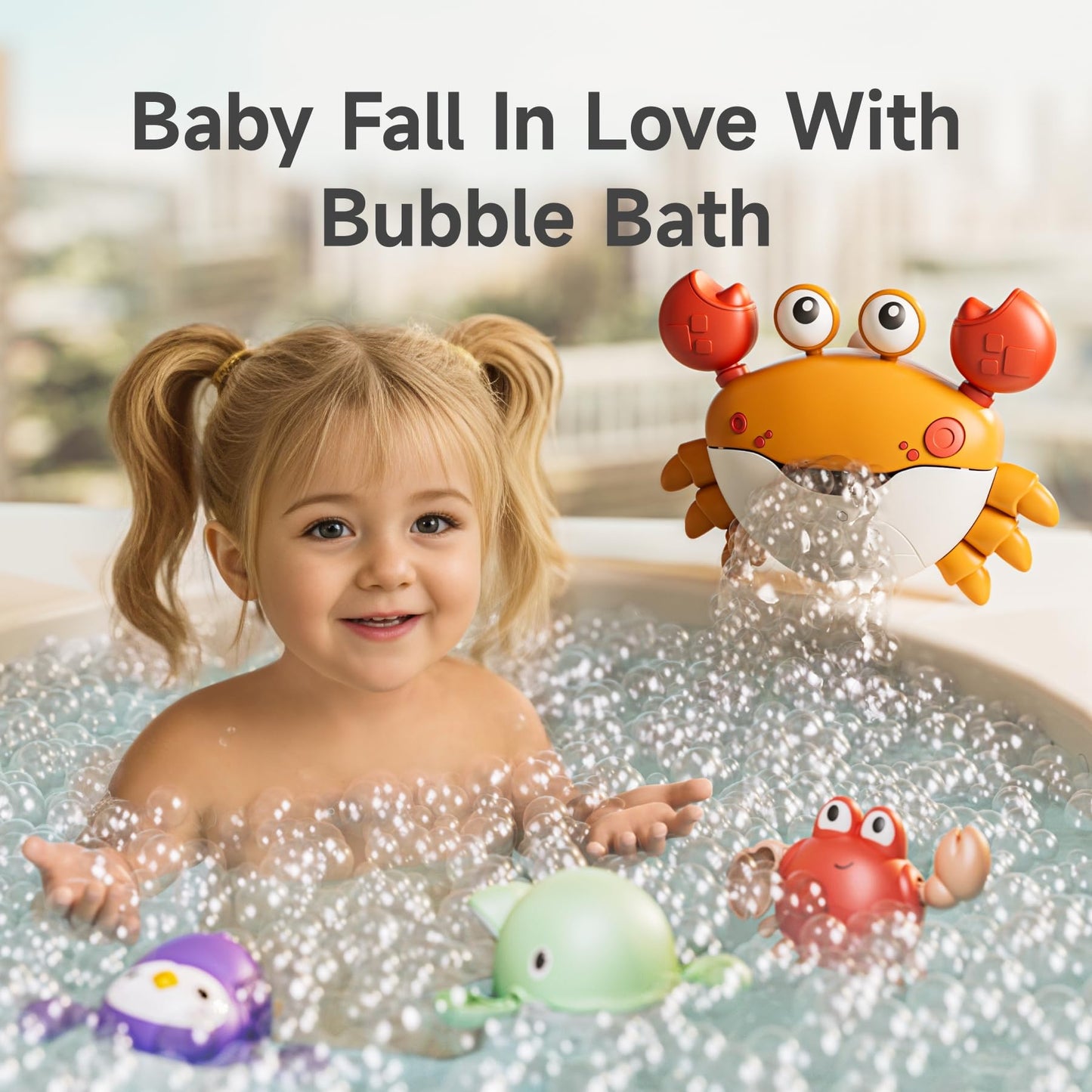 TUMAMA Baby Bath Toy,Bath Bubble Maker Machine with Music,3 Wind-Up Bathtub Toys,Crab Shower Water Toy for Toddlers Kids Boys Grils,4 Pieces