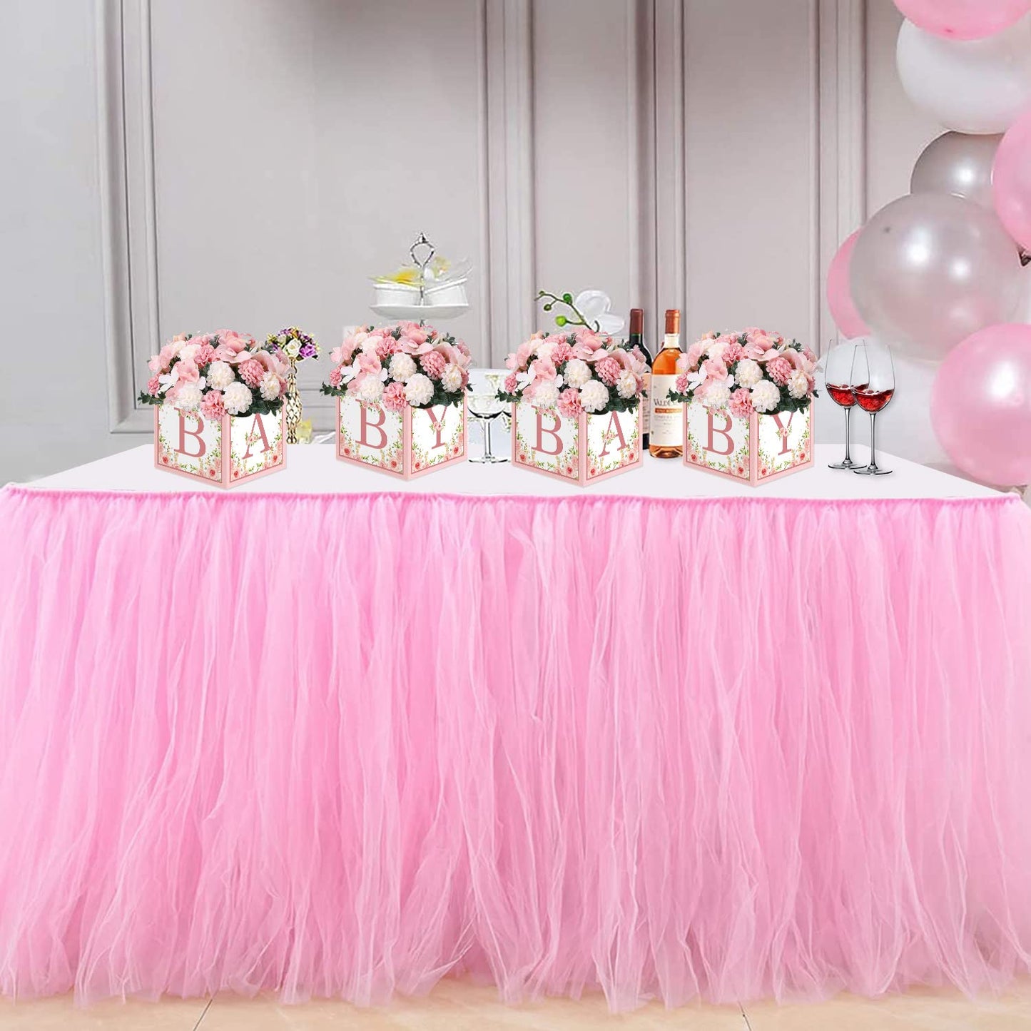 TSVATE Pink Baby Shower Boxes Decorations - 4 Baby Shower Centerpiece Boxes Gender Reveal First Birthday Centerpiece Decors (Without Flowers)