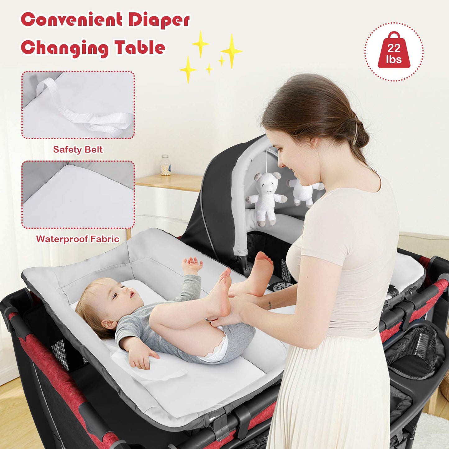 BABY JOY 5 in 1 Pack and Play, Portable Baby Playard w/Bassinet & Diaper Changing Table, Infant Pink Bassinet Crib with Toys & Music & Oxford Bag for Baby Girl Toddlers (Pink + Purple, Starry Sky)