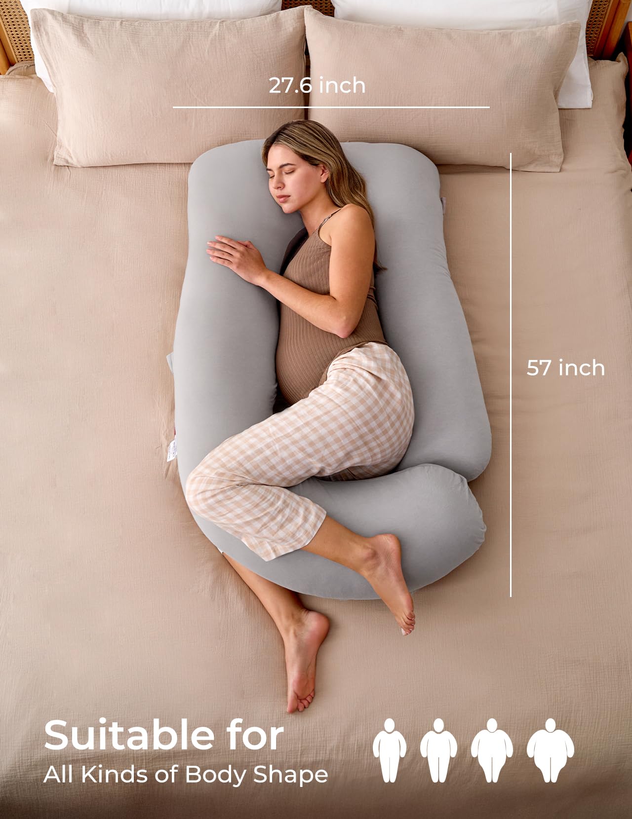 Momcozy Pregnancy Pillows for Sleeping, U Shaped Full Body Maternity Pillow with Removable Cover - Support for Back, Legs, Belly, HIPS for Pregnant Women, 57 Inch Pregnancy Pillow for Women, Grey