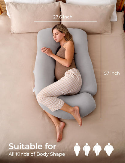 Momcozy Pregnancy Pillows for Sleeping, U Shaped Full Body Maternity Pillow with Removable Cover - Support for Back, Legs, Belly, HIPS for Pregnant Women, 57 Inch Pregnancy Pillow for Women, Grey