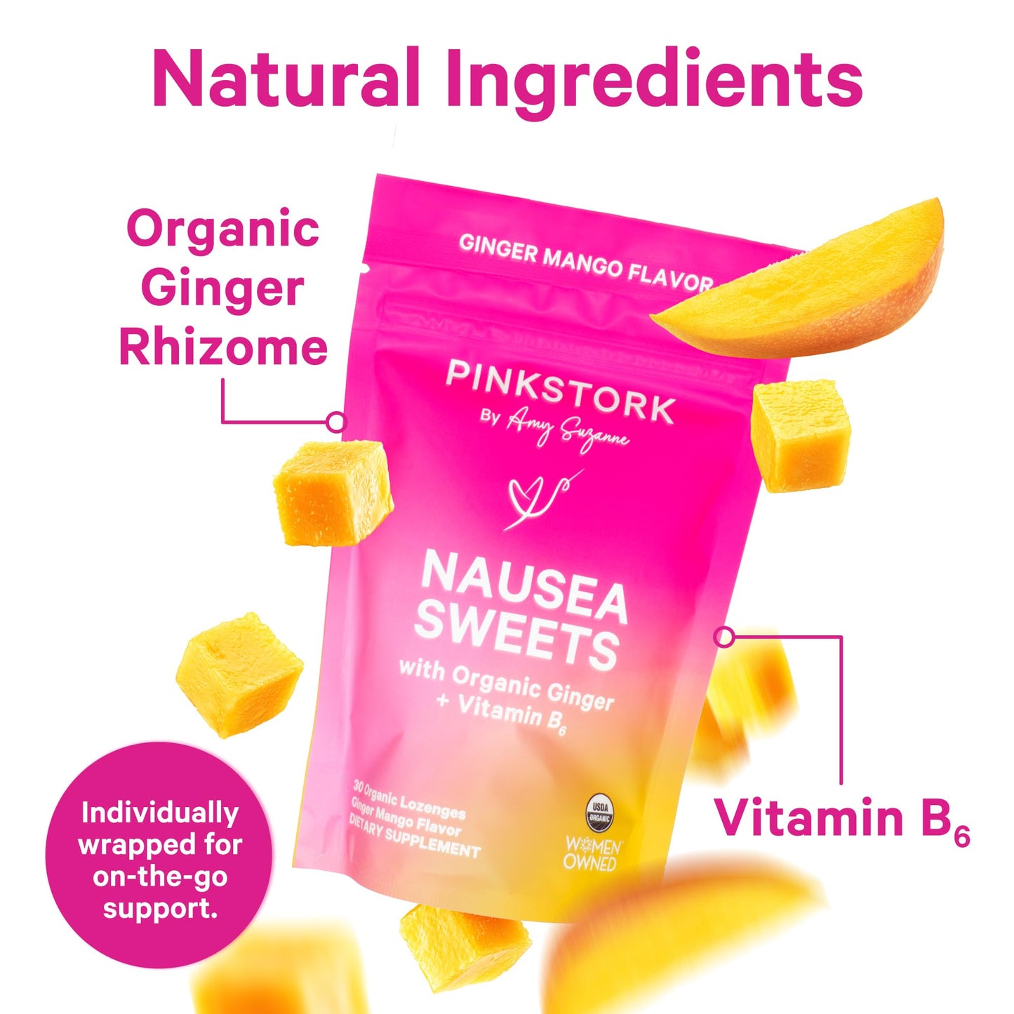 Pink Stork Organic Peppermint Sweets for Morning Sickness and Motion Sickness Support, Added Vitamin B6, 1st Trimester Pregnancy Must Haves - 30 Wrapped Peppermint Candies