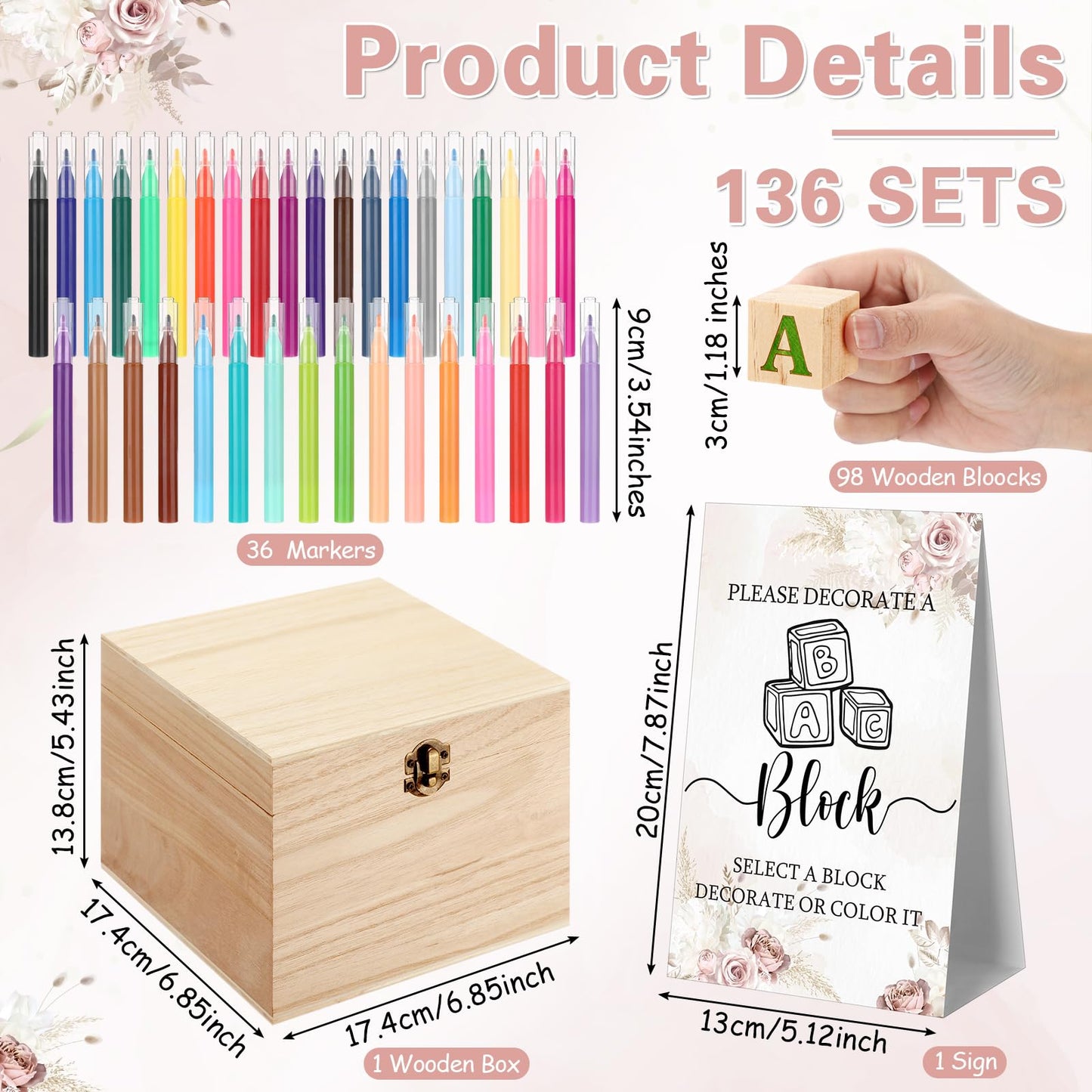 Marsui 136 Pcs Baby Shower Blocks to Decorate Game Kit Includes 98 Wooden Blocks, 36 Markers, 1 Game Sign, 1 Storage Box for Baby Shower Gender Reveal Activity Party Decorations(Pink Elephant)