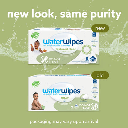 WaterWipes Plastic-Free Textured Clean, Toddler & Baby Wipes, 99.9% Water Based Wipes, Unscented & Hypoallergenic for Sensitive Skin, 60 Count (12 packs), Packaging May Vary