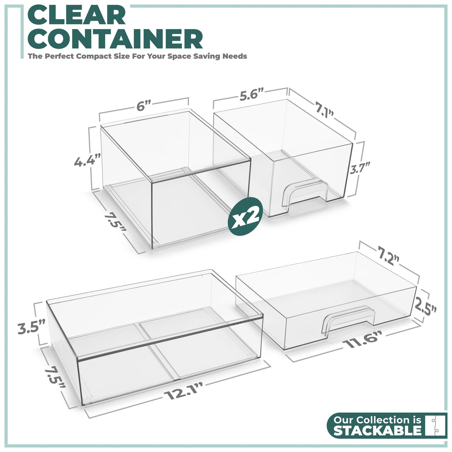 Sorbus Acrylic Storage Containers - 2 Pack, Stackable Storage Bins Set for Bathroom Organization - Clear Acrylic Drawer Organizers - Makeup Case Pull-Out Drawers (7.6’’ and 4.4’’ Tall)