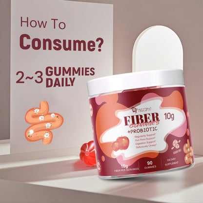 Migcopat Gomitas de fibra con probióticos, 0.35 onzas de fibra por porción, sin azúcar añadido, con mezcla de probióticos de 10 mil millones de UFC, vinagre de sidra de manzana, vitamina C, inulina,