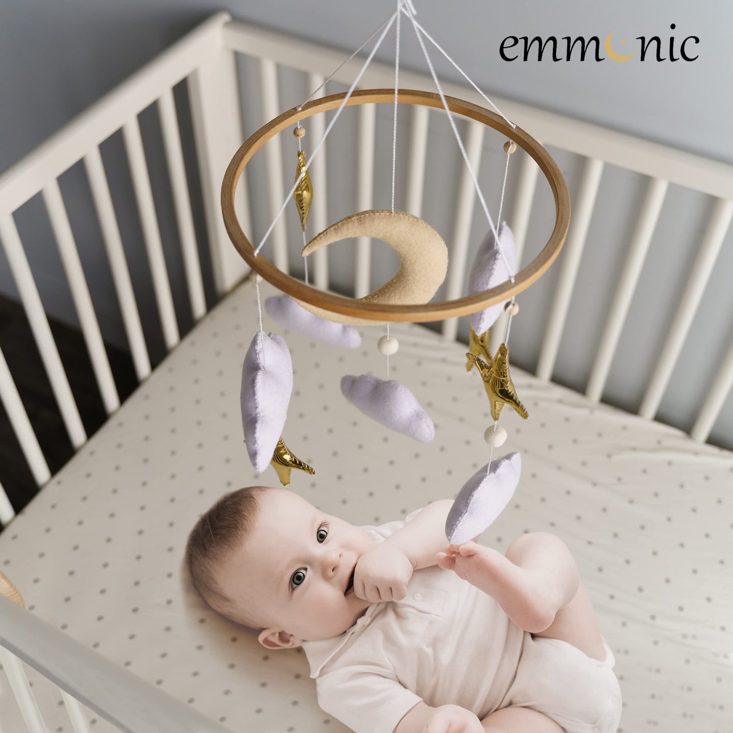 Baby Mobile for Crib - Handmade Modern Boho Baby Mobiles for Bassinet Felt Nursery Mobile Gender Neutral - Gold Moon and Stars - Girl Cribs Decorations