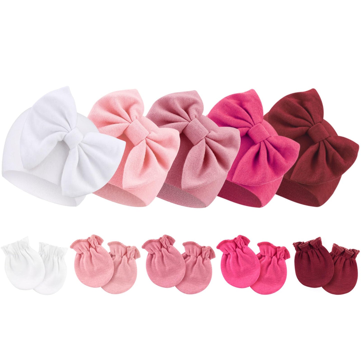 BQUBO Newborn Baby Girls Hats Mittens Set Hospital Hat Beanie Infant Bow Hats Baby Cotton Gloves for 0-6 Months