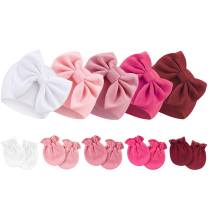 BQUBO Newborn Baby Girls Hats Mittens Set Hospital Hat Beanie Infant Bow Hats Baby Cotton Gloves for 0-6 Months