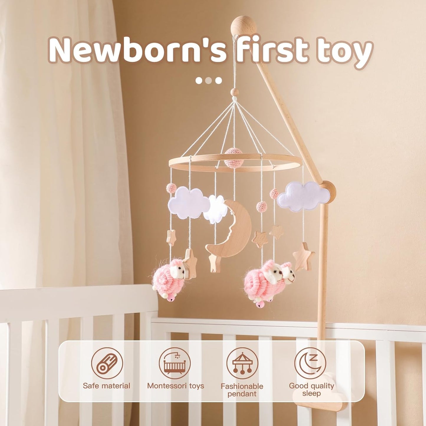 Wooden Crib Mobile Arm | Baby Crib Mobile Arm Wooden Holder | Rotatable Adjustable Anti Slip Attachment Clamp for Sturdy Mobile Hanger (Curved Arm)