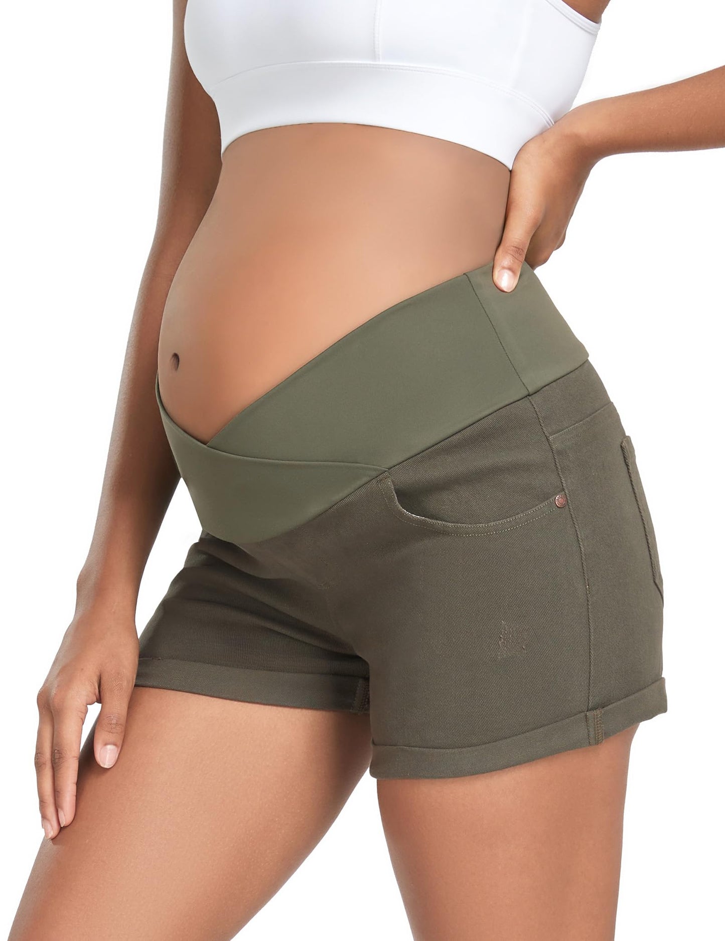 HOFISH Women's Maternity Jeans Shorts Over The Belly Stretchy Comfy Denim Shorts Pants Casual Workout Pregnancy Shorts