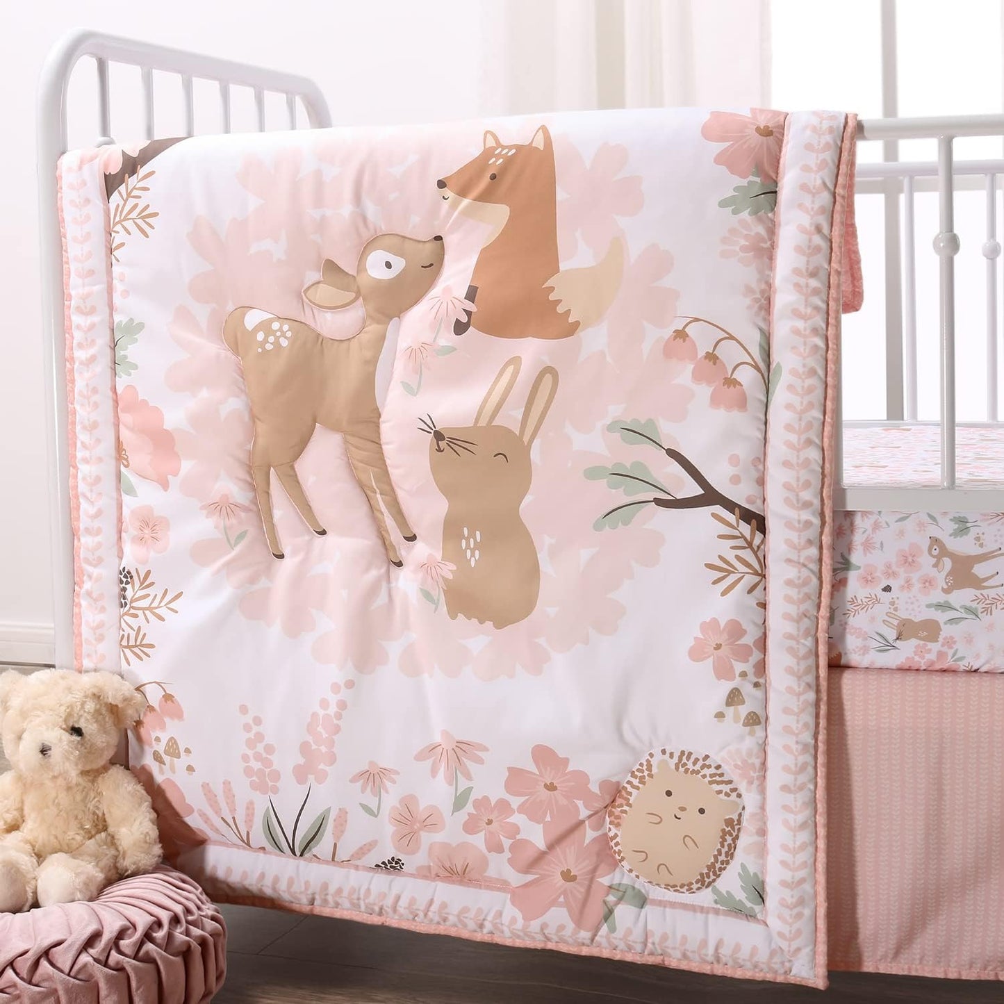 The Peanutshell 3 Piece Baby Crib Bedding Set for Girls - Newborn, Infant & Toddler Nursery Bed Set Decor with Fitted Crib Sheet, Dust Ruffle Comforter - Fairytale Forest