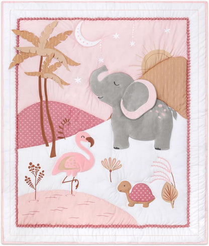 The Peanutshell 4 Piece Organic Cotton Baby Crib Bedding Set for Girls - Newborn, Infant & Toddler Nursery Bed Set Decor with Two Crib Sheets, Dust Ruffle Comforter - Safari Oasis