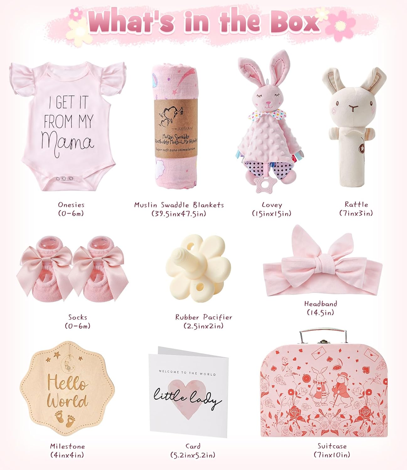 Golray 9pcs Baby Girl Gifts, Baby Shower Gifts for Girls Baby Toys 0-6 Months with Bunny Rattle, Blanket/Onesies/Headband/Socks, New Born Essential Stuff, Gender Reveal Ideas Infant Baby Gift Basket
