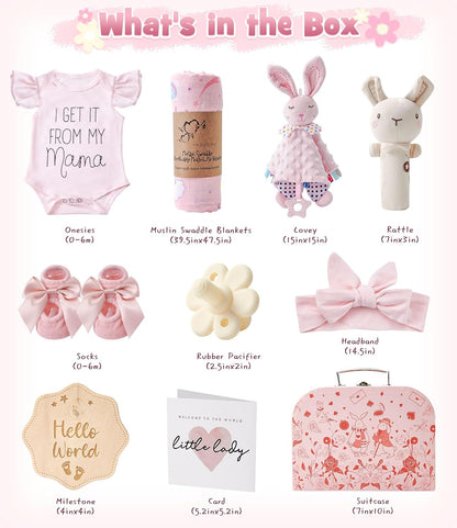 Golray 9pcs Baby Girl Gifts, Baby Shower Gifts for Girls Baby Toys 0-6 Months with Bunny Rattle, Blanket/Onesies/Headband/Socks, New Born Essential Stuff, Gender Reveal Ideas Infant Baby Gift Basket