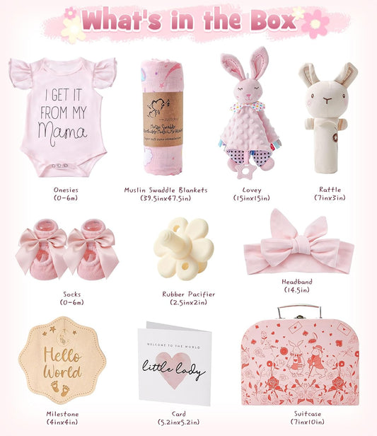 Golray 9pcs Baby Girl Gifts, Baby Shower Gifts for Girls Baby Toys 0-6 Months with Bunny Rattle, Blanket/Onesies/Headband/Socks, New Born Essential Stuff, Gender Reveal Ideas Infant Baby Gift Basket