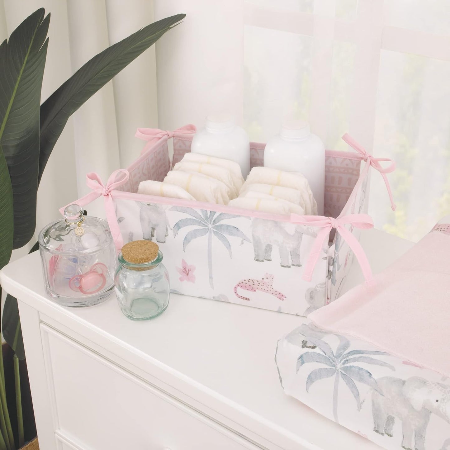 NoJo Tropical Princess Elephant/Jungle Pink and Green 4 Piece Crib Bedding Set - Comforter, Fitted Crib Sheet, Dust Ruffle and Storage