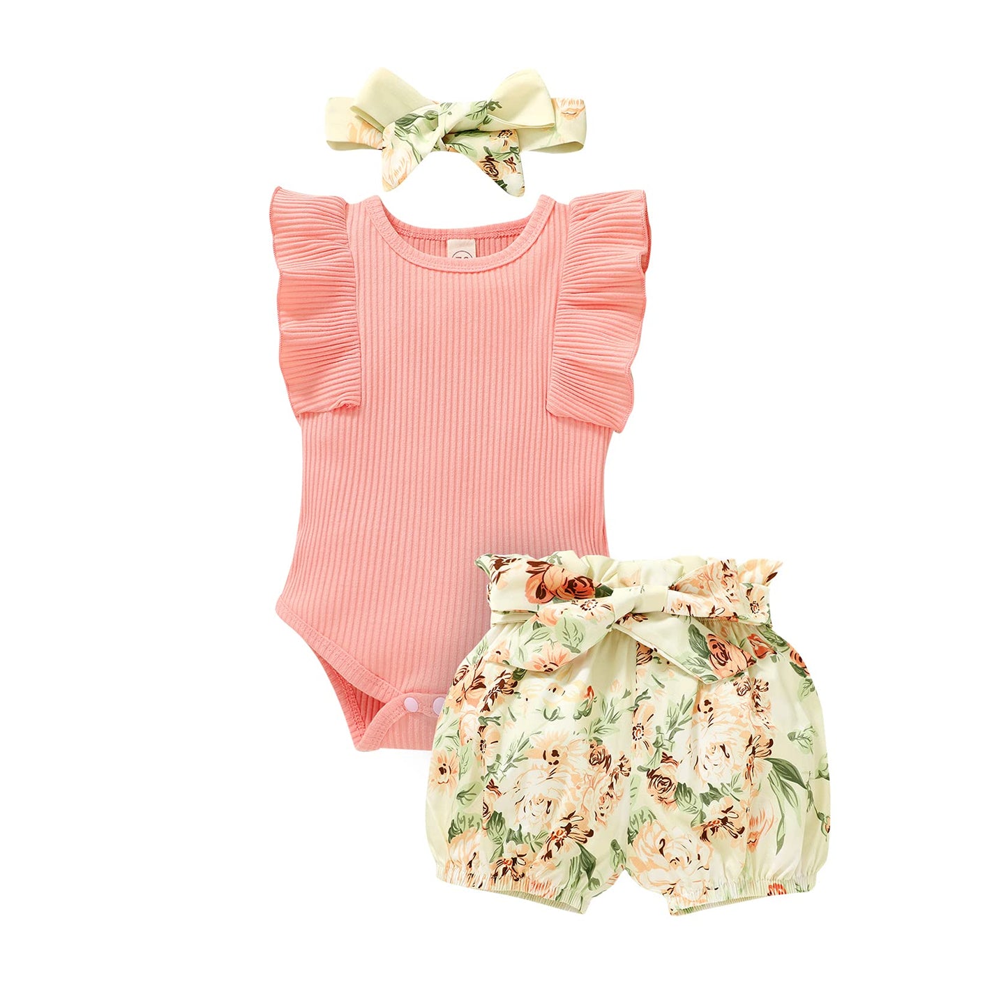 Tiny Cutey Baby Girl Clothes Infant Summer Outfits Set Ruffle Sleeve Romper and Floral Shorts with Headband