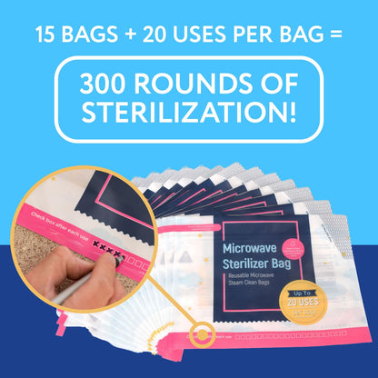Impresa 15 Pack Microwave Baby Bottle Sterilizer Bags - 300 Uses Per Pack - Travel Baby Bottle Cleaner Microwave Sterilizer Bag - Breast Feeding Travel Accessories