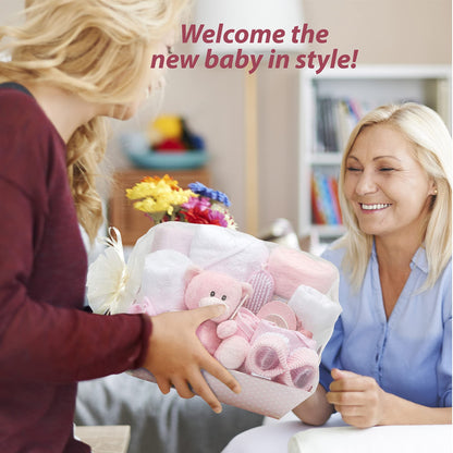 Baby Box Shop - Baby Shower Gifts for Girls - 14 Girl Newborn Essentials Girl Gifts, Includes Teddy Bear, Bodysuit, Bib, Mittens, Hat, Towel - Basket Gifts for Newborn Girl - Pink
